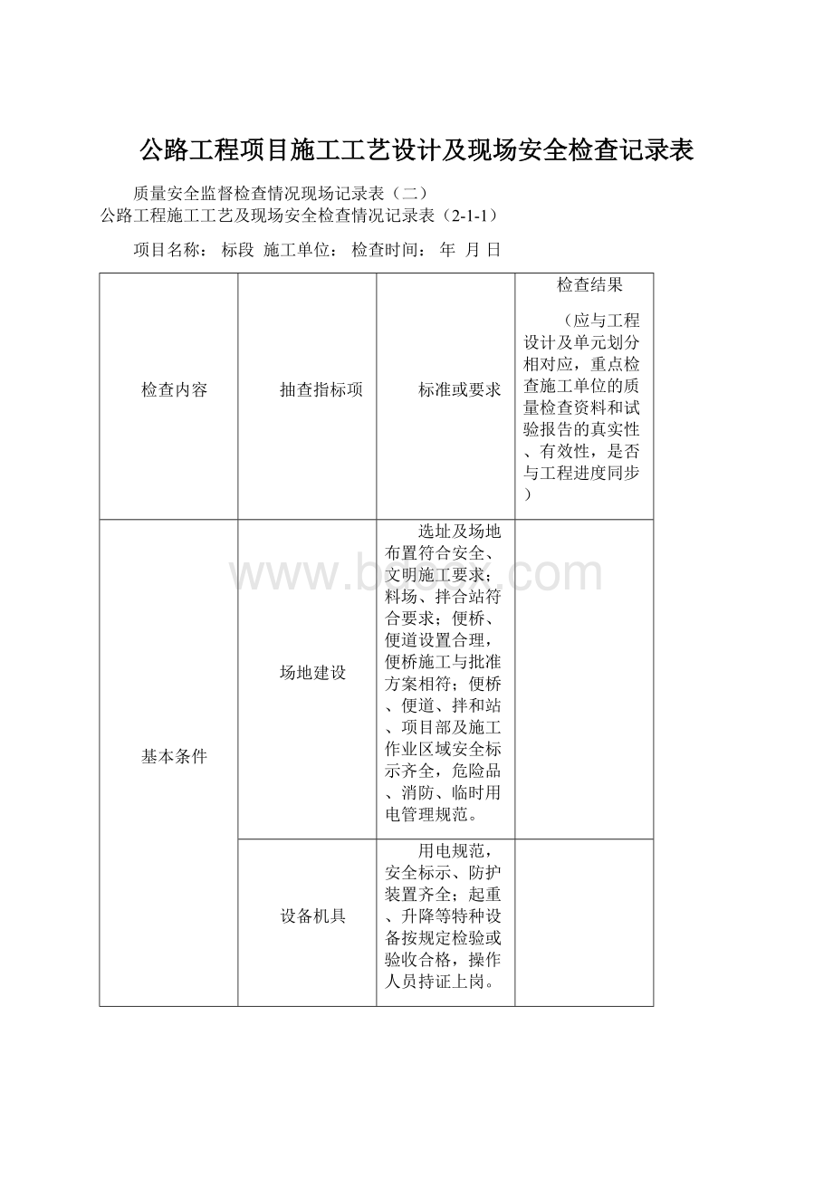 公路工程项目施工工艺设计及现场安全检查记录表Word文档格式.docx