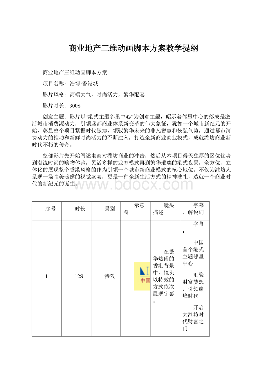 商业地产三维动画脚本方案教学提纲.docx