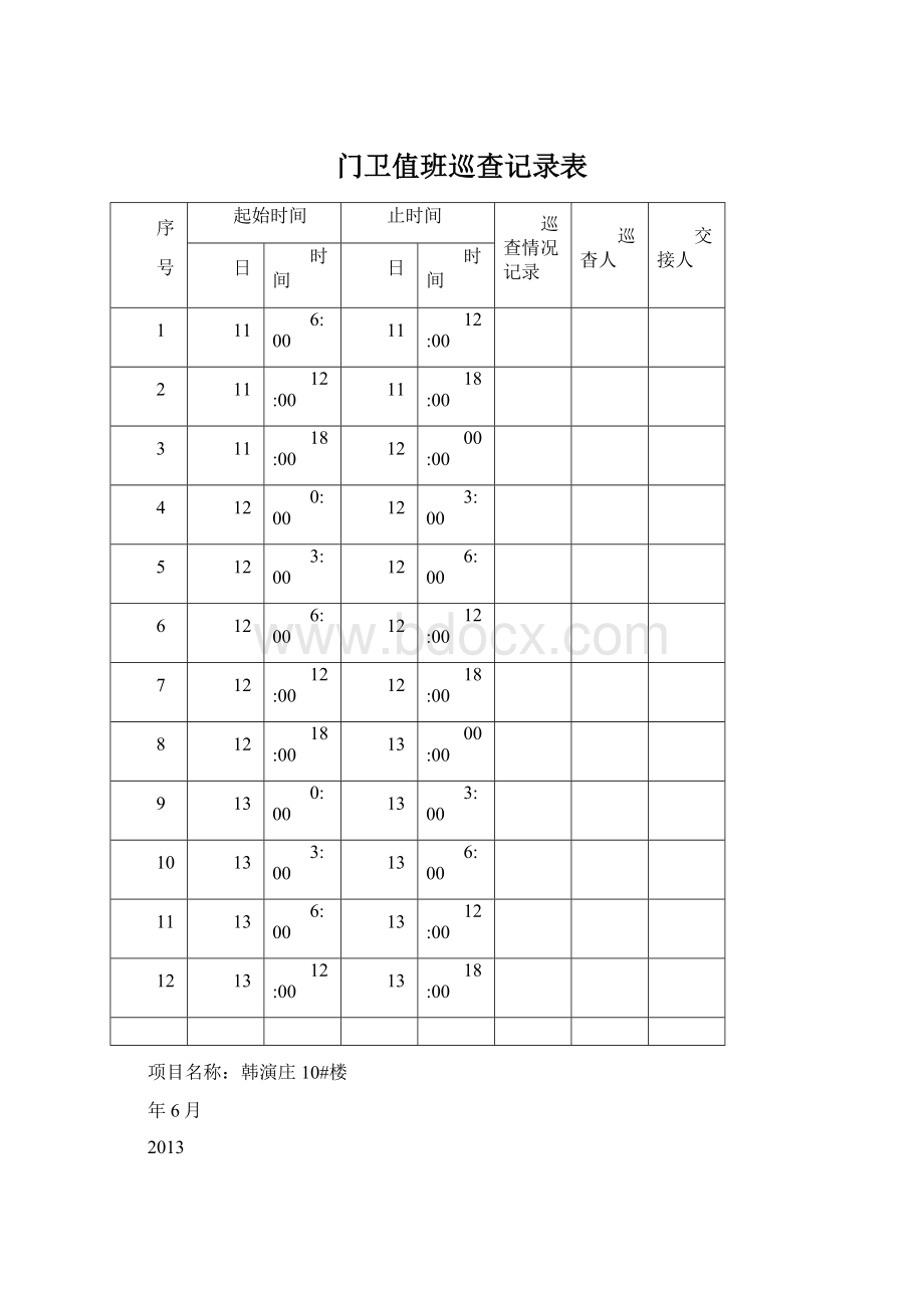 门卫值班巡查记录表Word格式文档下载.docx