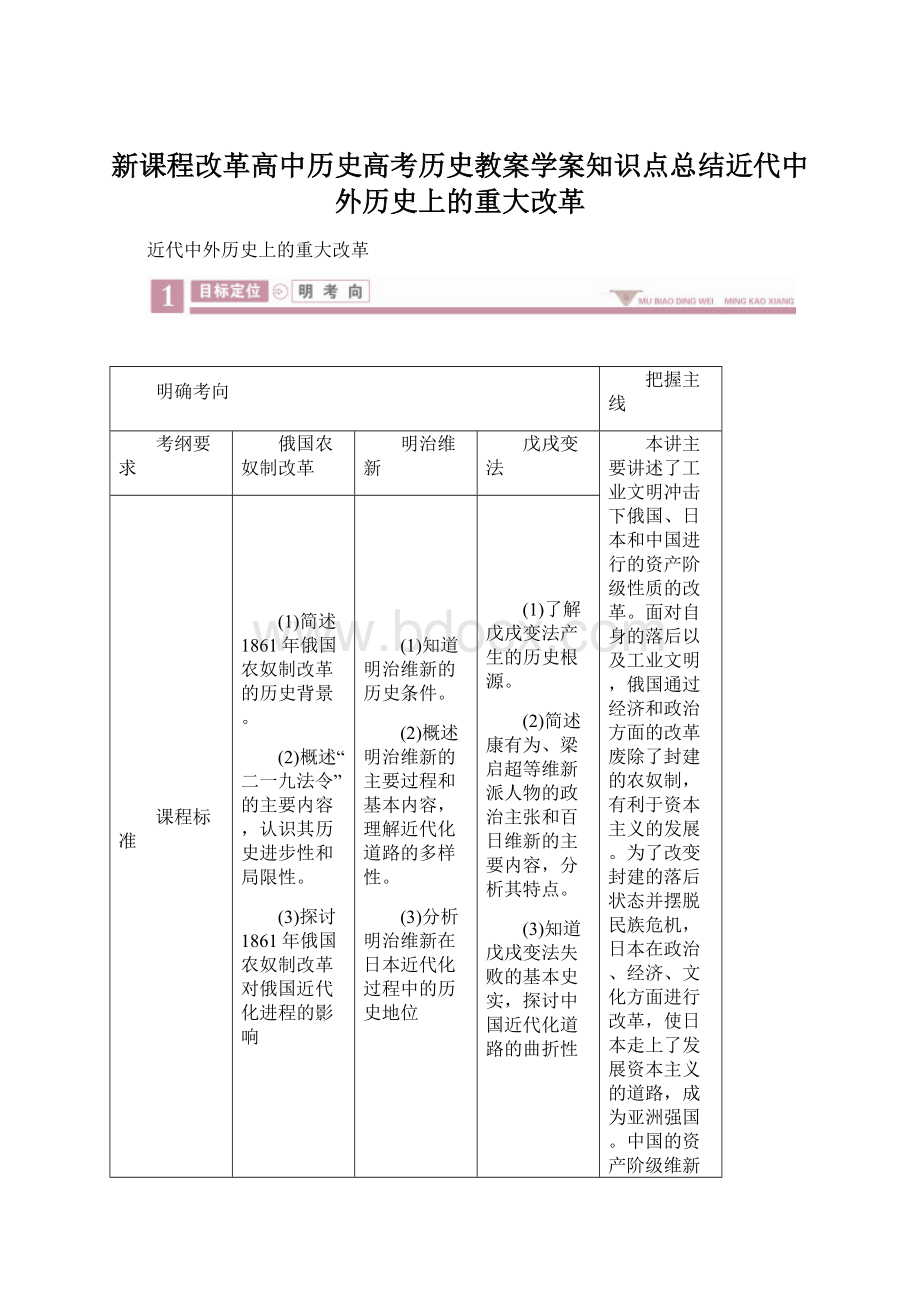 新课程改革高中历史高考历史教案学案知识点总结近代中外历史上的重大改革Word格式文档下载.docx_第1页