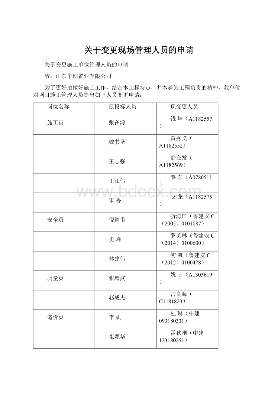 关于变更现场管理人员的申请.docx_第1页