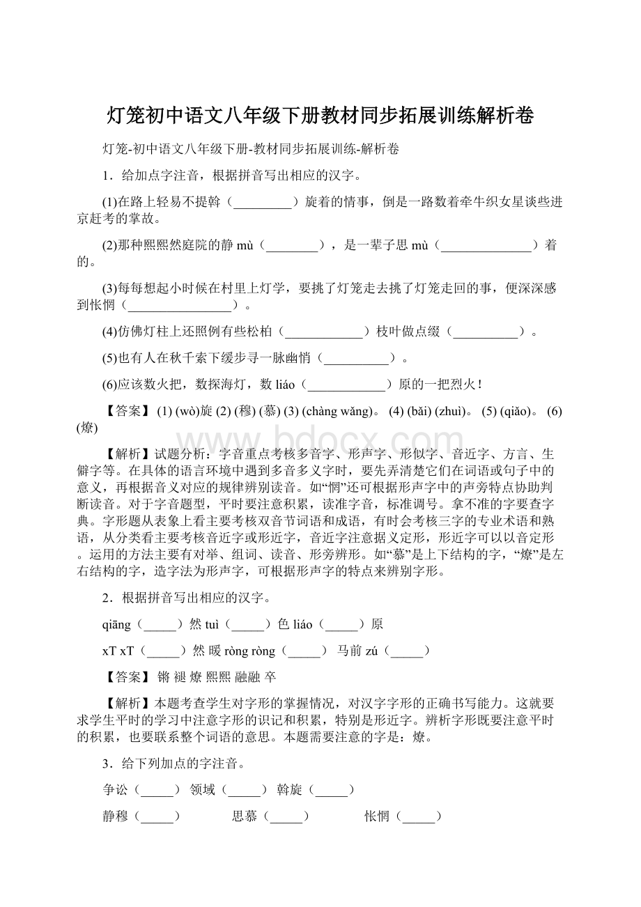 灯笼初中语文八年级下册教材同步拓展训练解析卷文档格式.docx_第1页