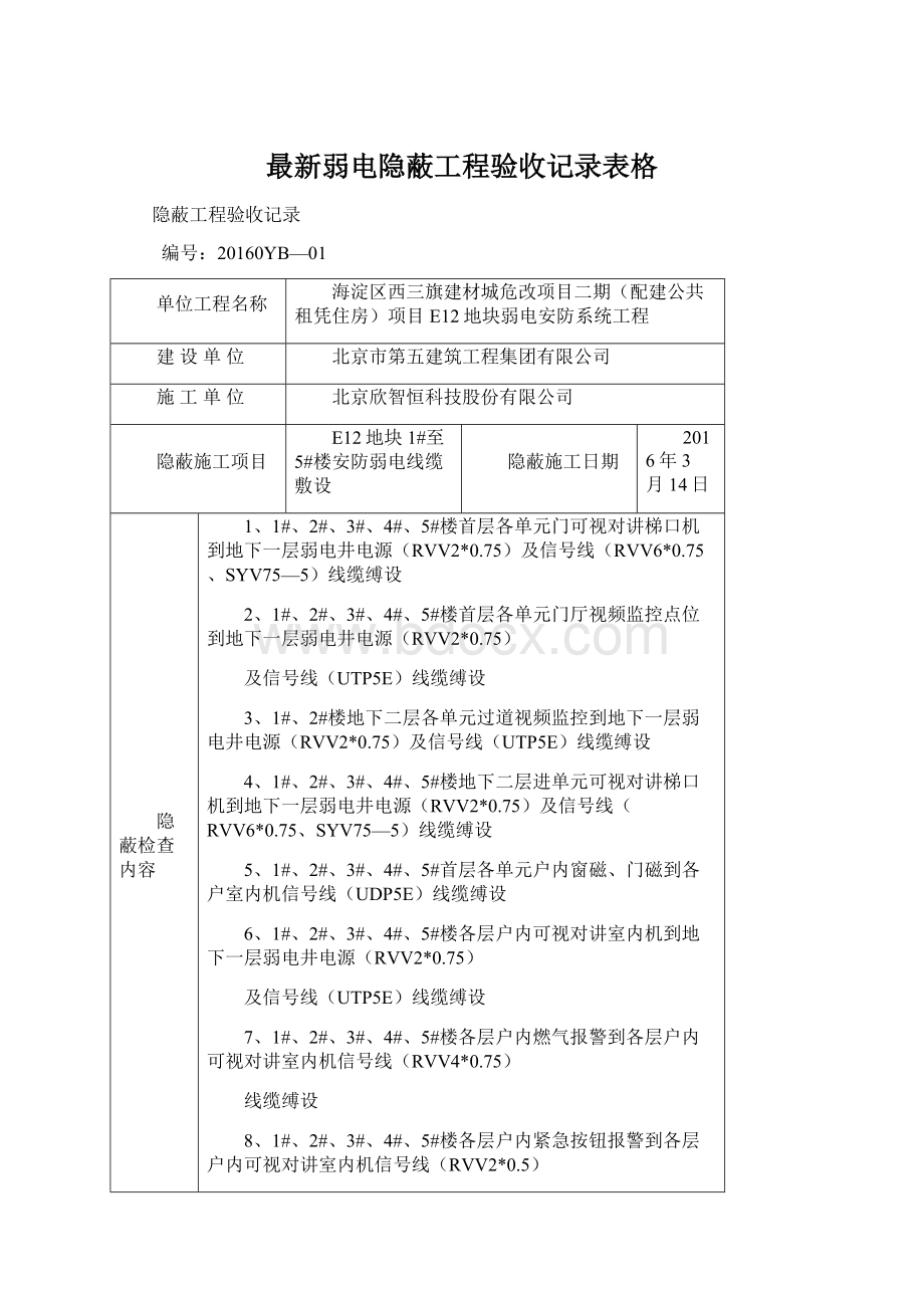 最新弱电隐蔽工程验收记录表格.docx_第1页