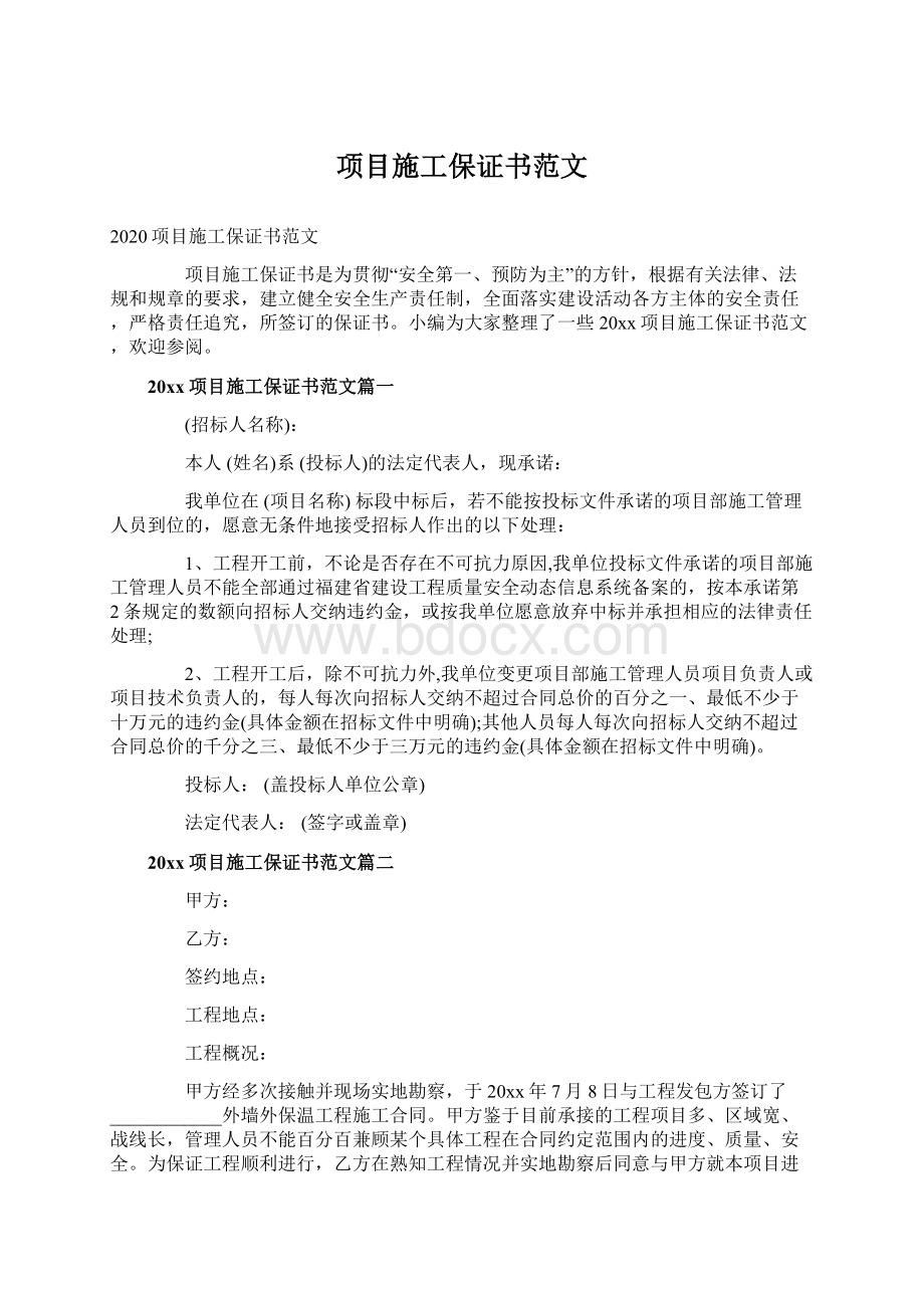 项目施工保证书范文文档格式.docx