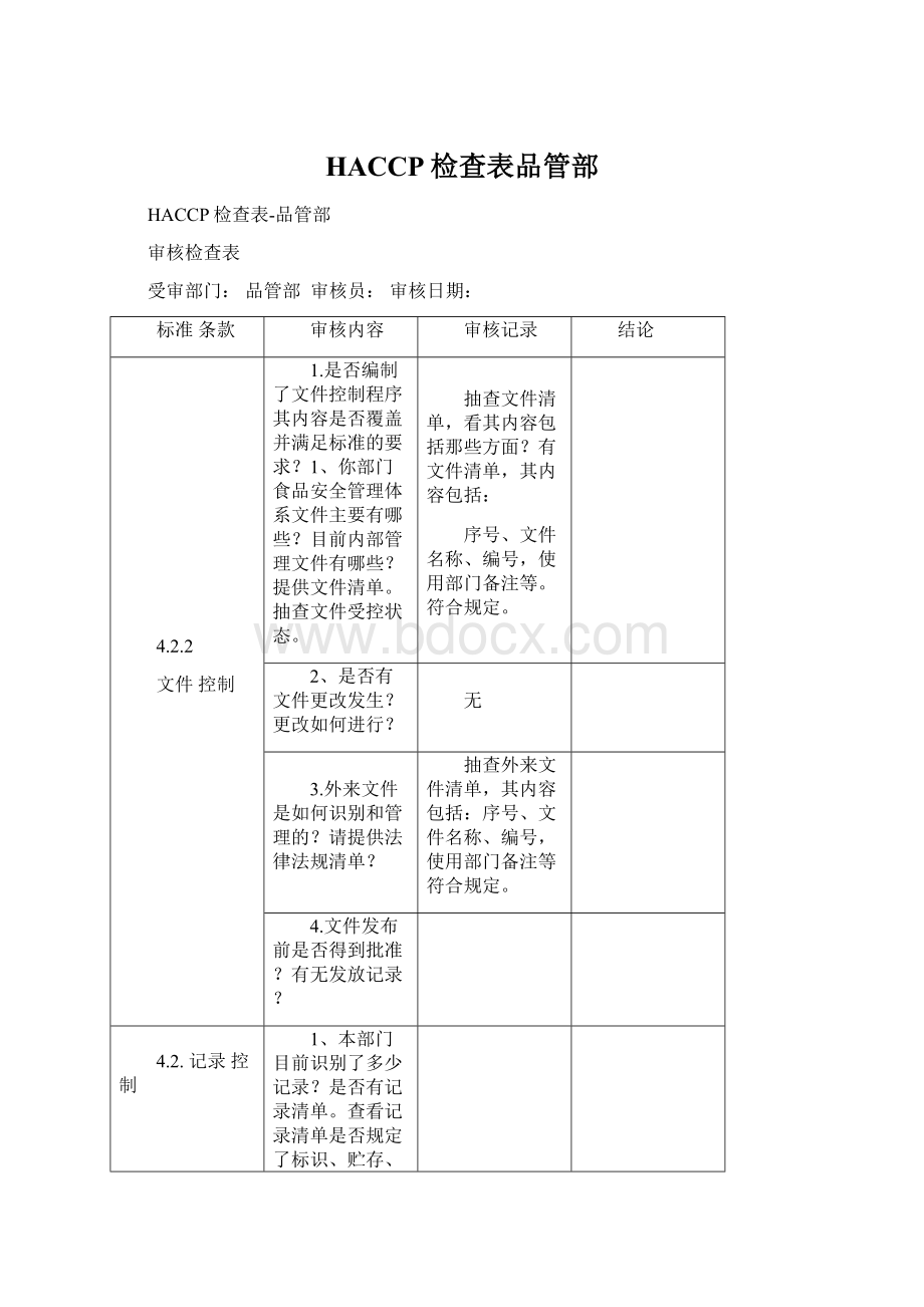 HACCP检查表品管部Word格式.docx_第1页