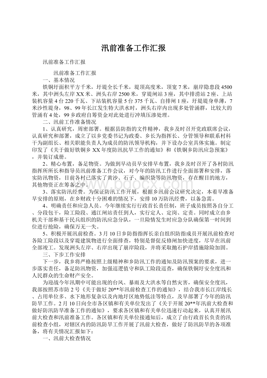 汛前准备工作汇报Word格式.docx