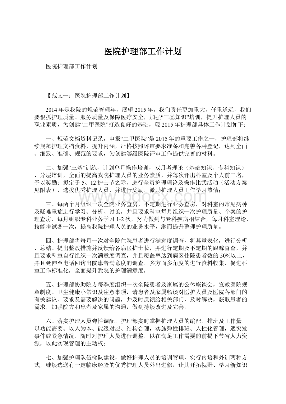 医院护理部工作计划文档格式.docx_第1页