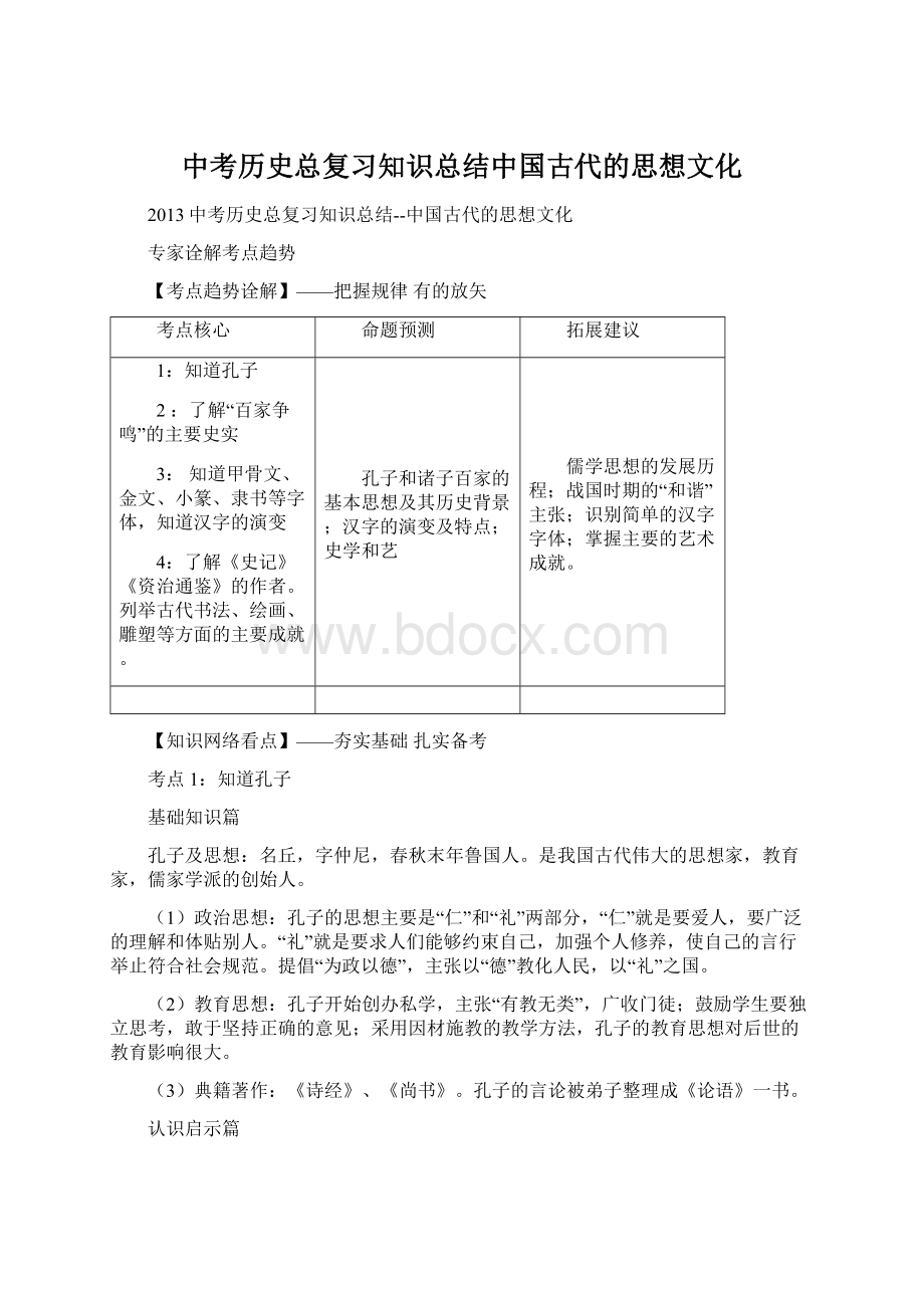 中考历史总复习知识总结中国古代的思想文化.docx