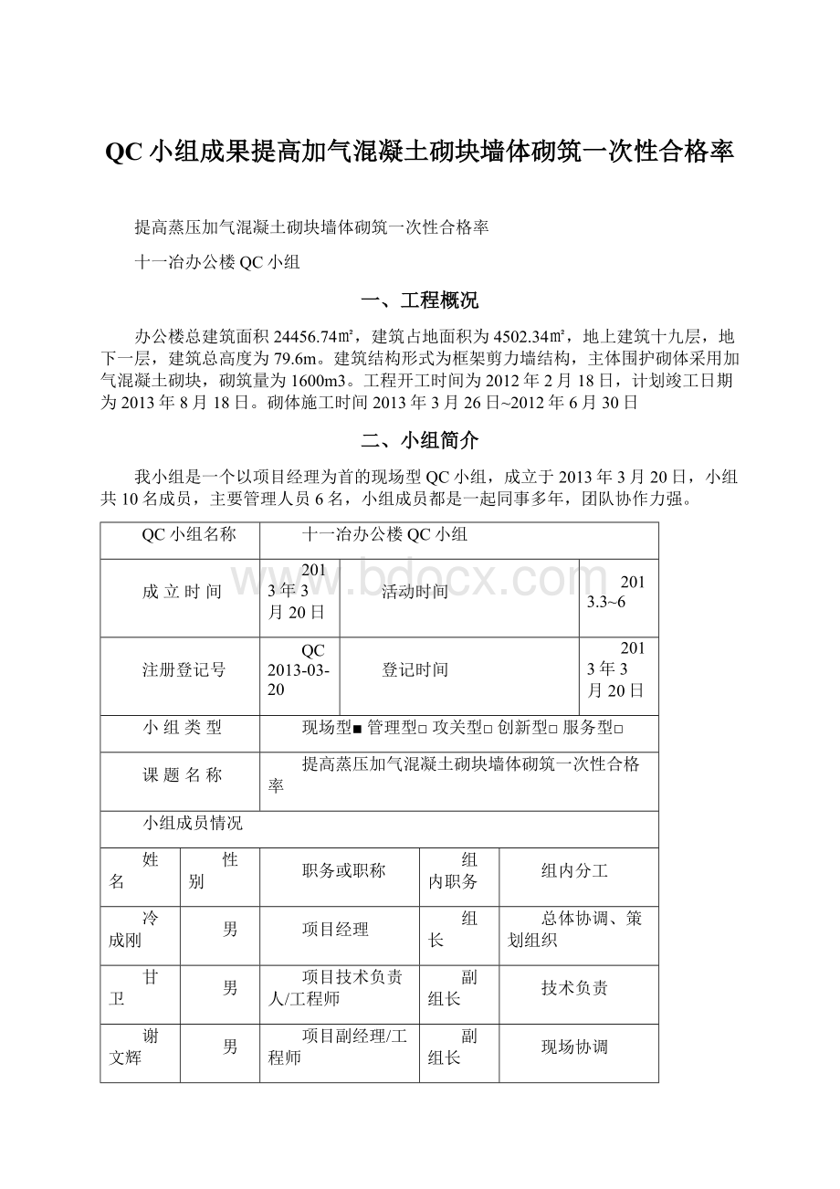 QC小组成果提高加气混凝土砌块墙体砌筑一次性合格率Word下载.docx