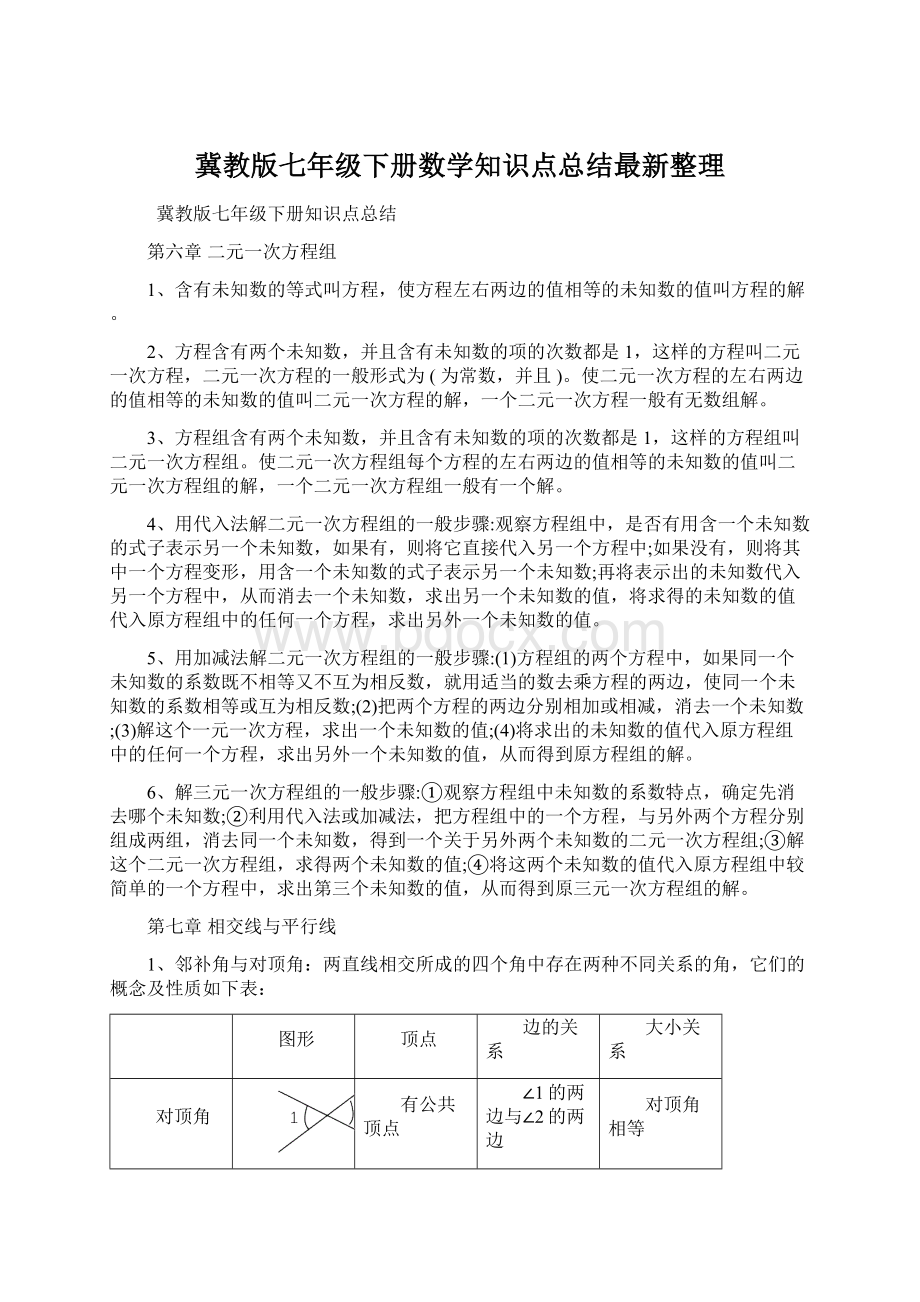 冀教版七年级下册数学知识点总结最新整理Word文件下载.docx