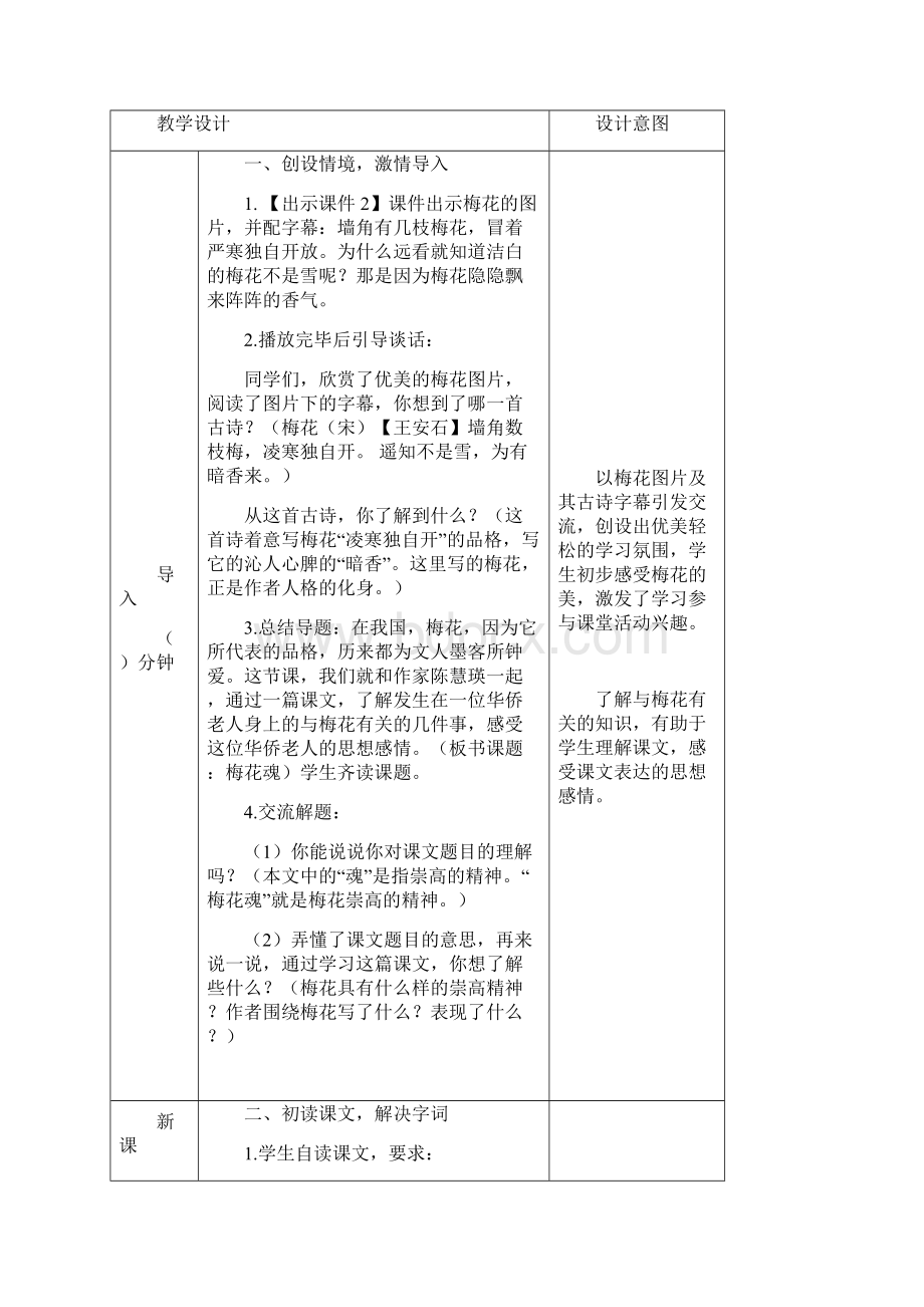 最新部编版语文五年级下册4 梅花魂 表格式教案教学设计新教材文档格式.docx_第2页