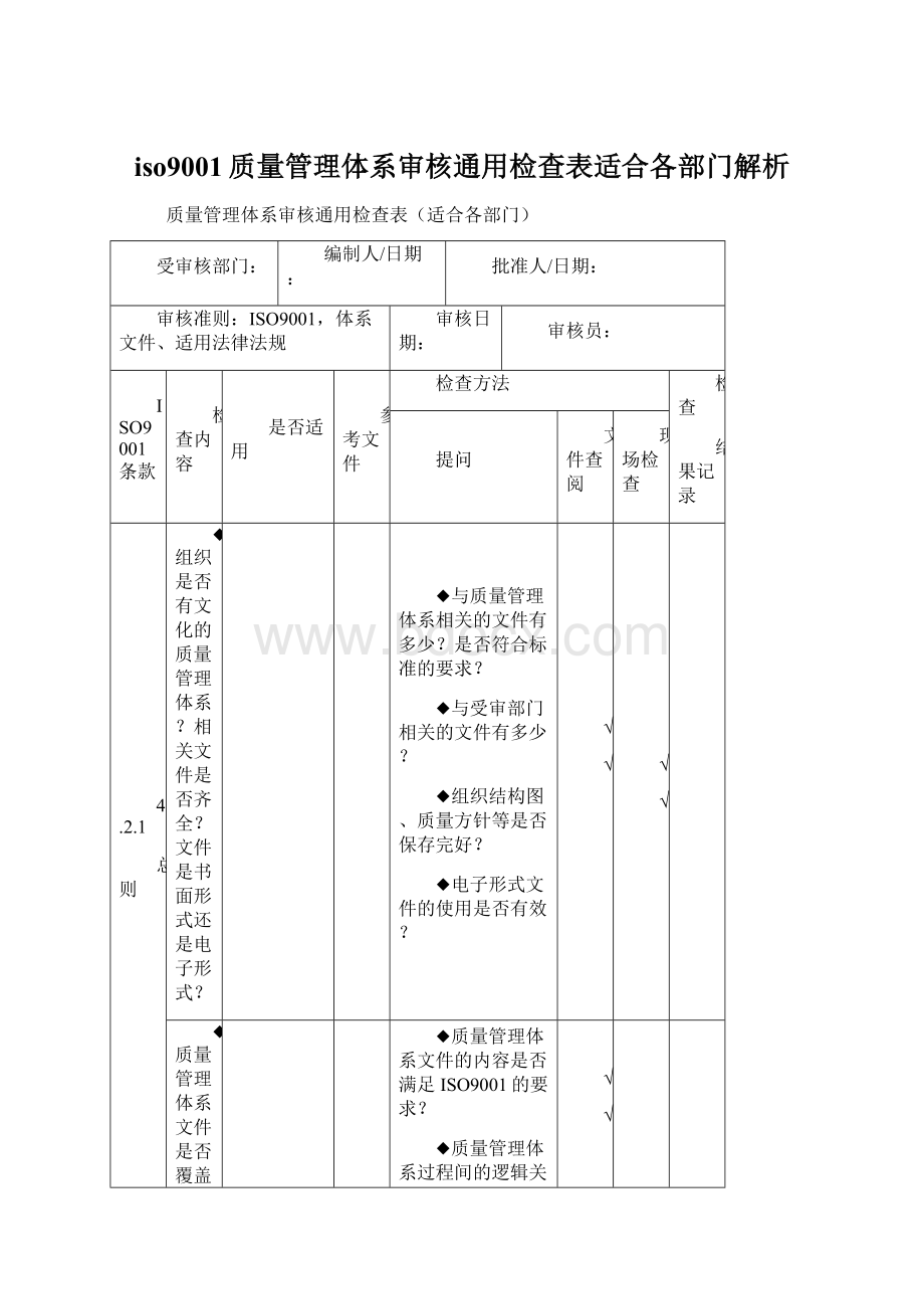 iso9001质量管理体系审核通用检查表适合各部门解析.docx