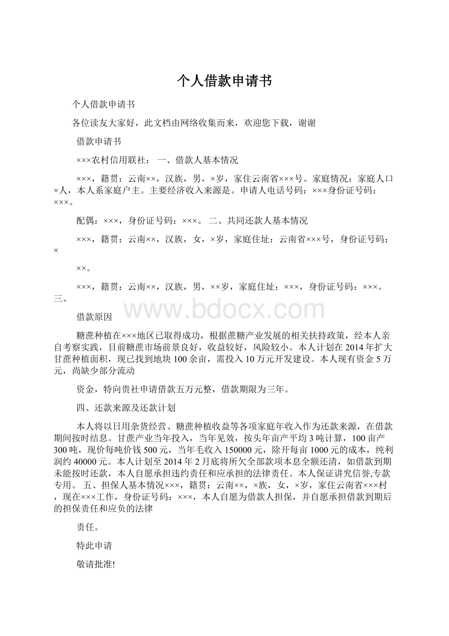 个人借款申请书Word格式文档下载.docx