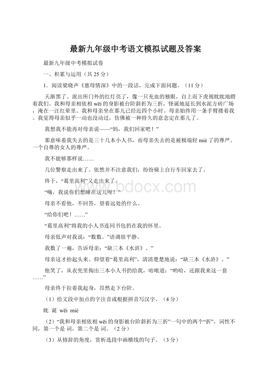 最新九年级中考语文模拟试题及答案.docx