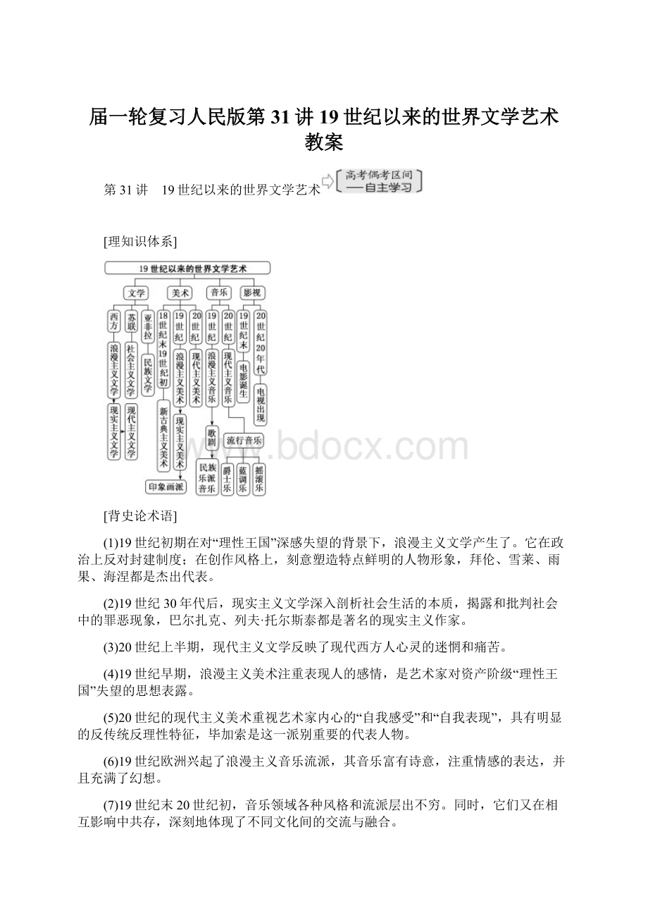 届一轮复习人民版第31讲 19世纪以来的世界文学艺术 教案Word格式文档下载.docx_第1页