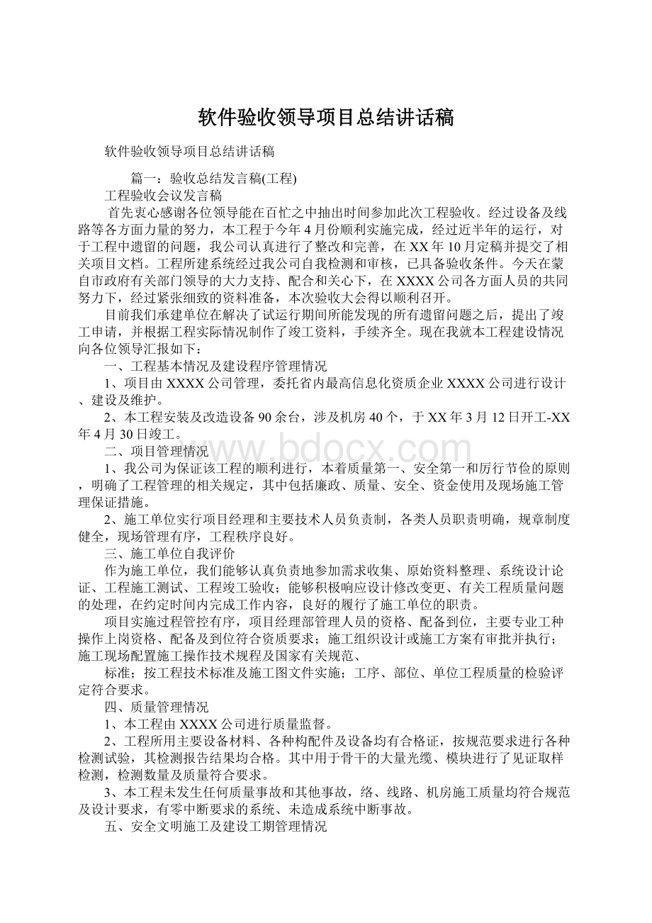 软件验收领导项目总结讲话稿.docx_第1页