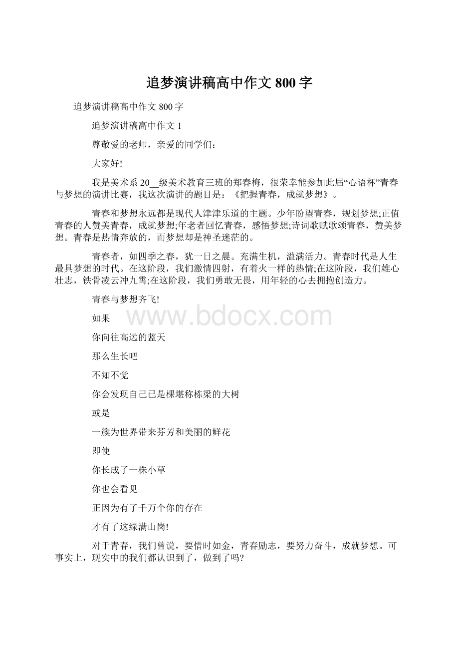 追梦演讲稿高中作文800字Word格式.docx