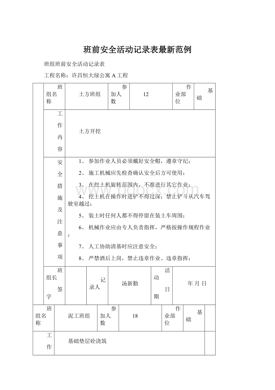 班前安全活动记录表最新范例.docx_第1页