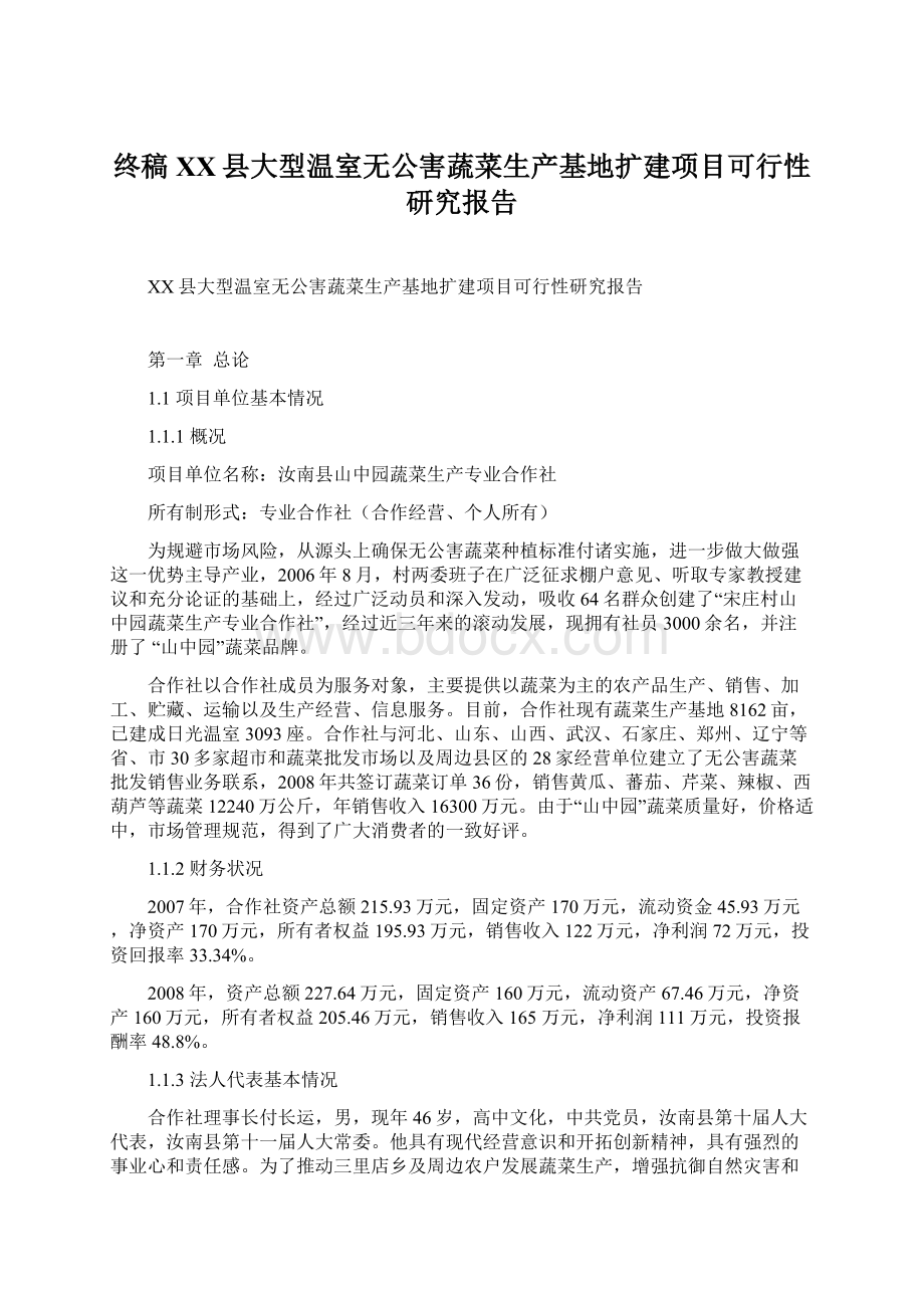 终稿XX县大型温室无公害蔬菜生产基地扩建项目可行性研究报告.docx