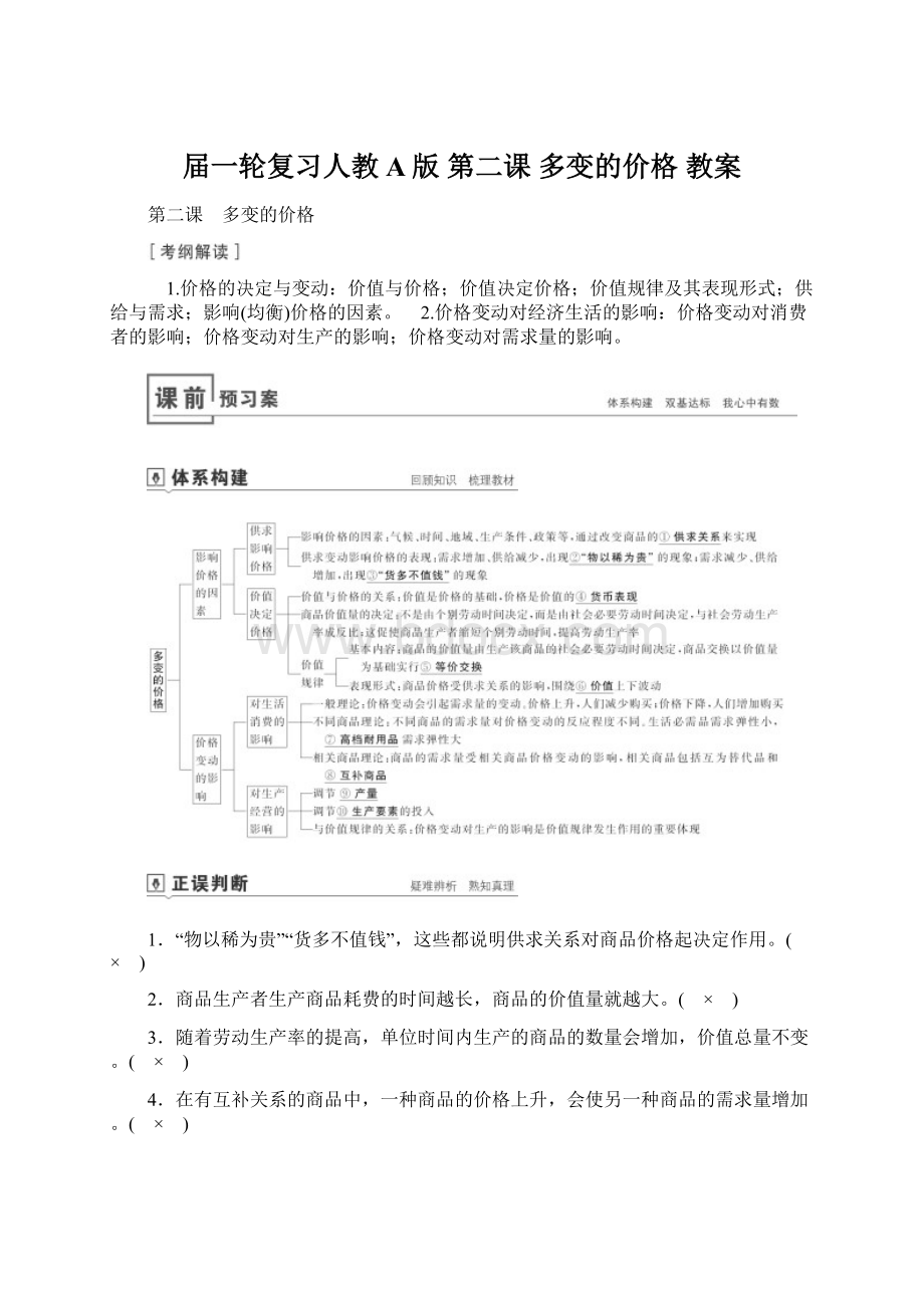 届一轮复习人教A版 第二课 多变的价格 教案Word格式文档下载.docx_第1页