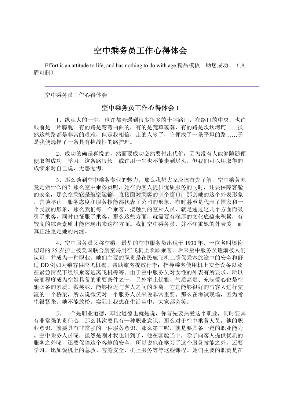 空中乘务员工作心得体会Word文档格式.docx