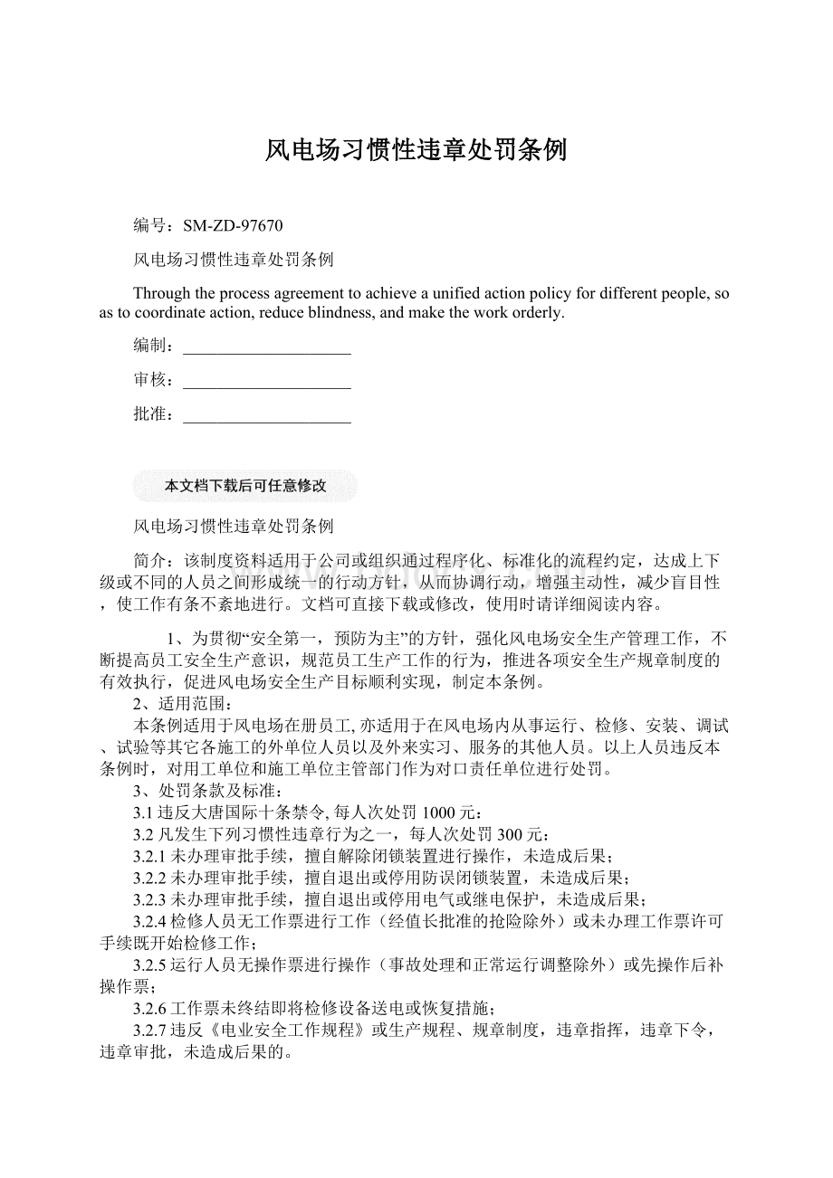 风电场习惯性违章处罚条例Word文档格式.docx