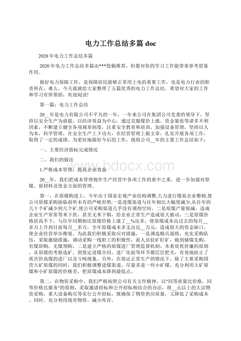 电力工作总结多篇doc文档格式.docx