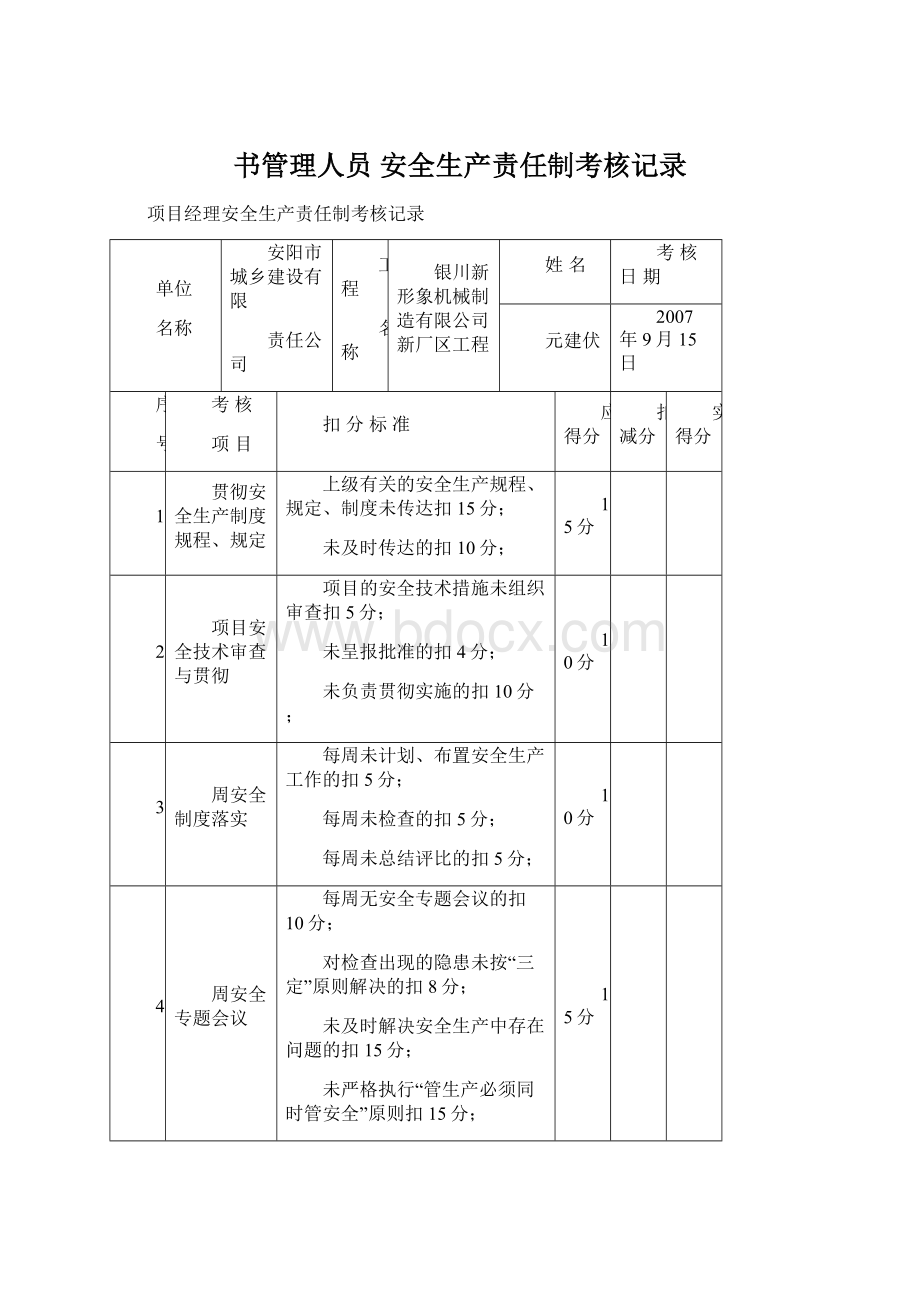 书管理人员 安全生产责任制考核记录.docx_第1页