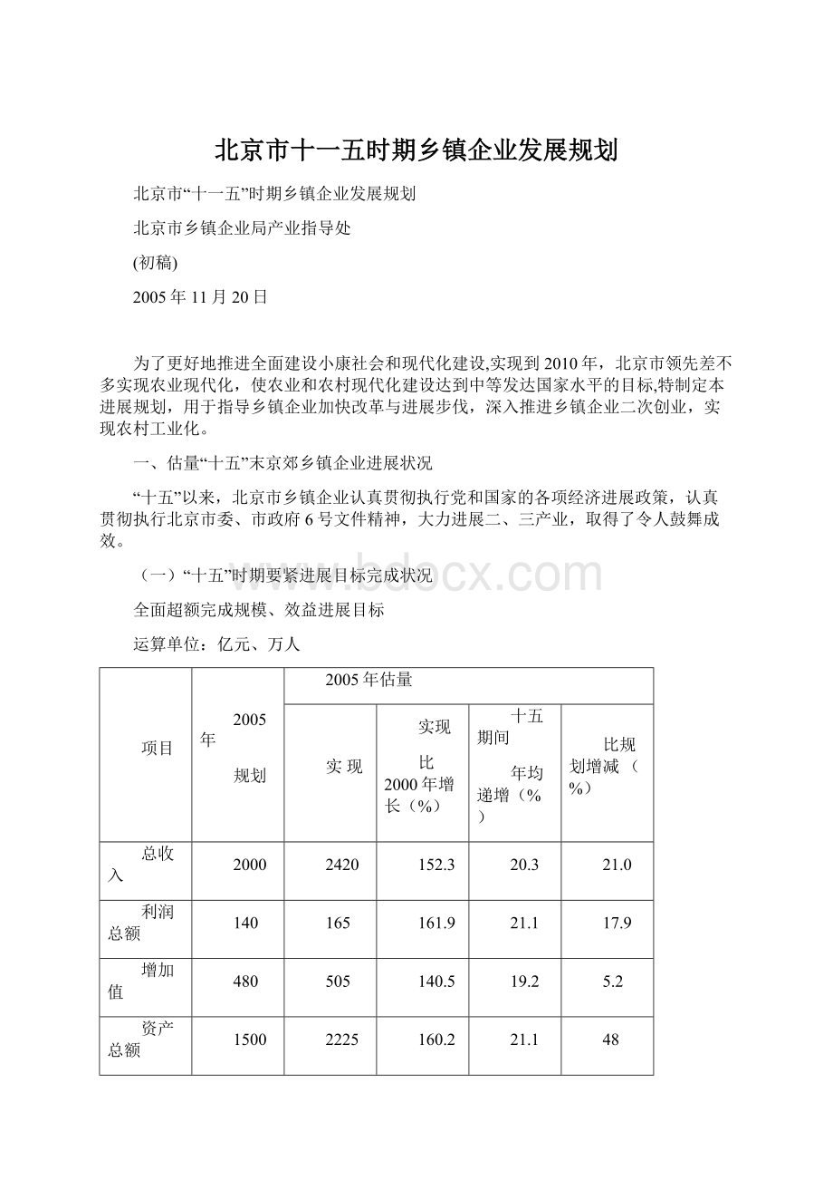 北京市十一五时期乡镇企业发展规划Word文档格式.docx