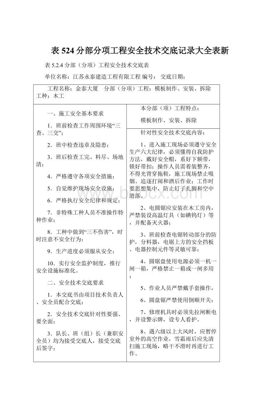 表524分部分项工程安全技术交底记录大全表新Word文件下载.docx_第1页