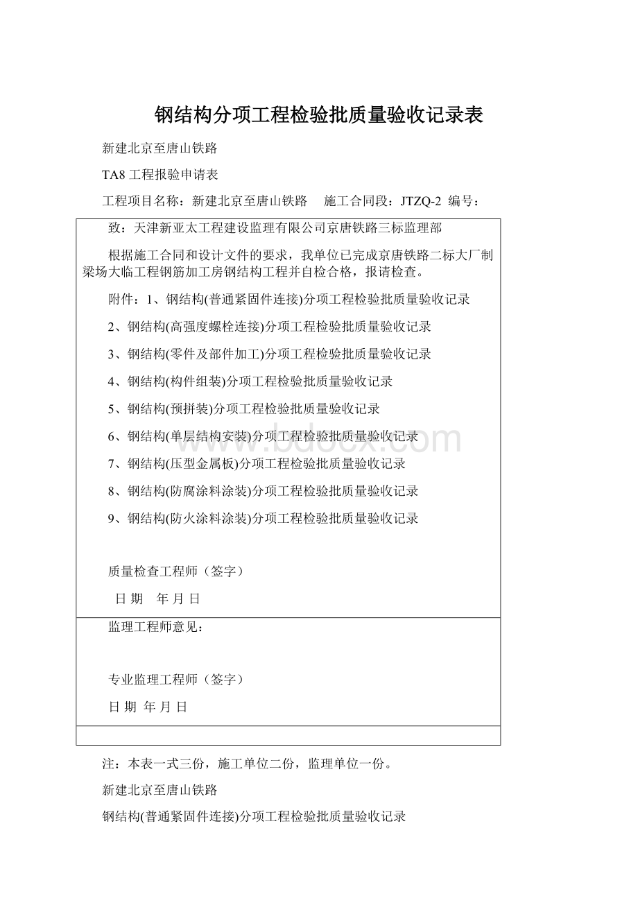 钢结构分项工程检验批质量验收记录表Word下载.docx_第1页