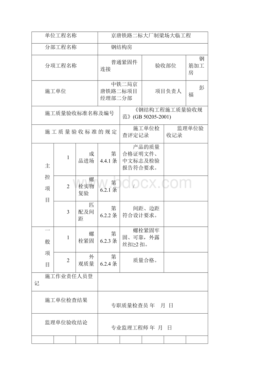 钢结构分项工程检验批质量验收记录表Word下载.docx_第2页