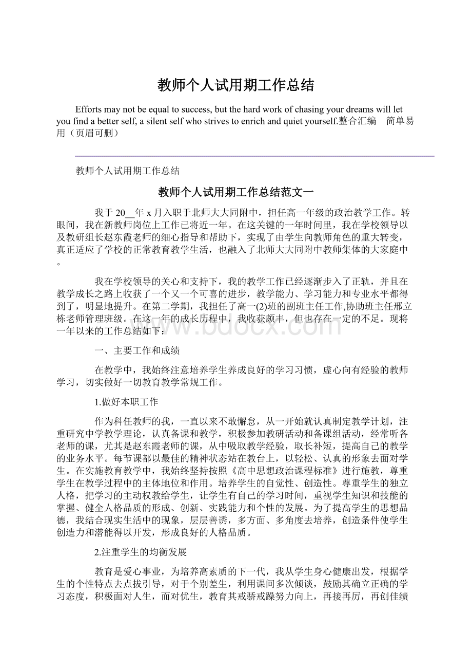 教师个人试用期工作总结Word文档下载推荐.docx