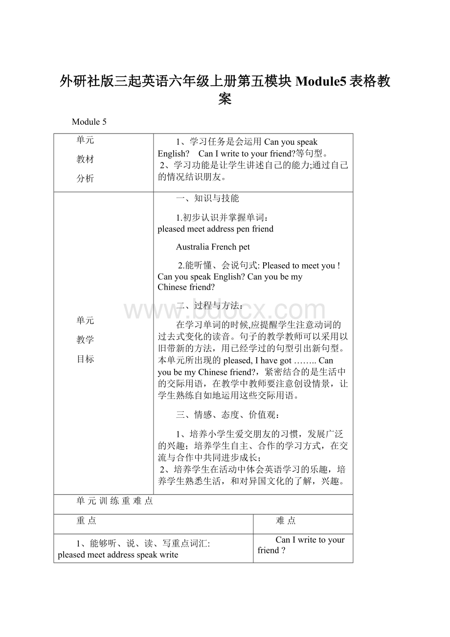 外研社版三起英语六年级上册第五模块Module5表格教案.docx