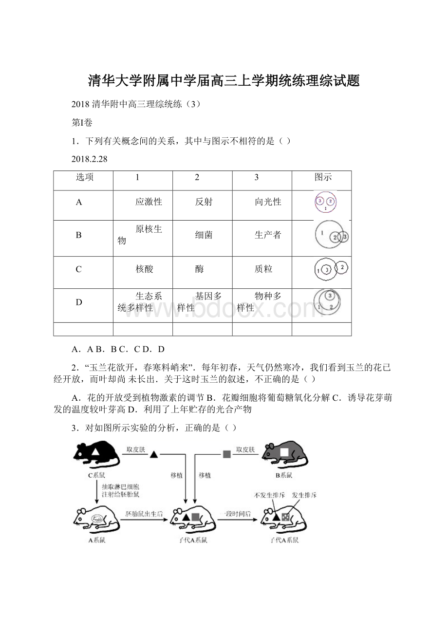 清华大学附属中学届高三上学期统练理综试题.docx