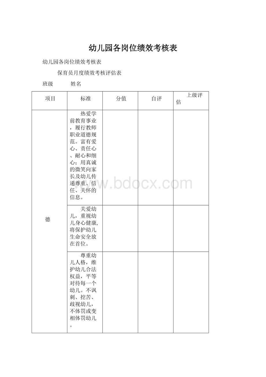 幼儿园各岗位绩效考核表Word格式文档下载.docx_第1页