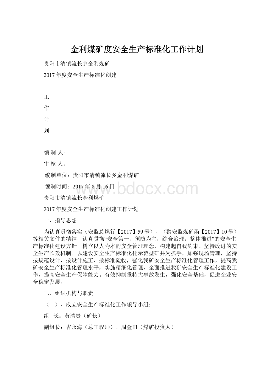 金利煤矿度安全生产标准化工作计划.docx