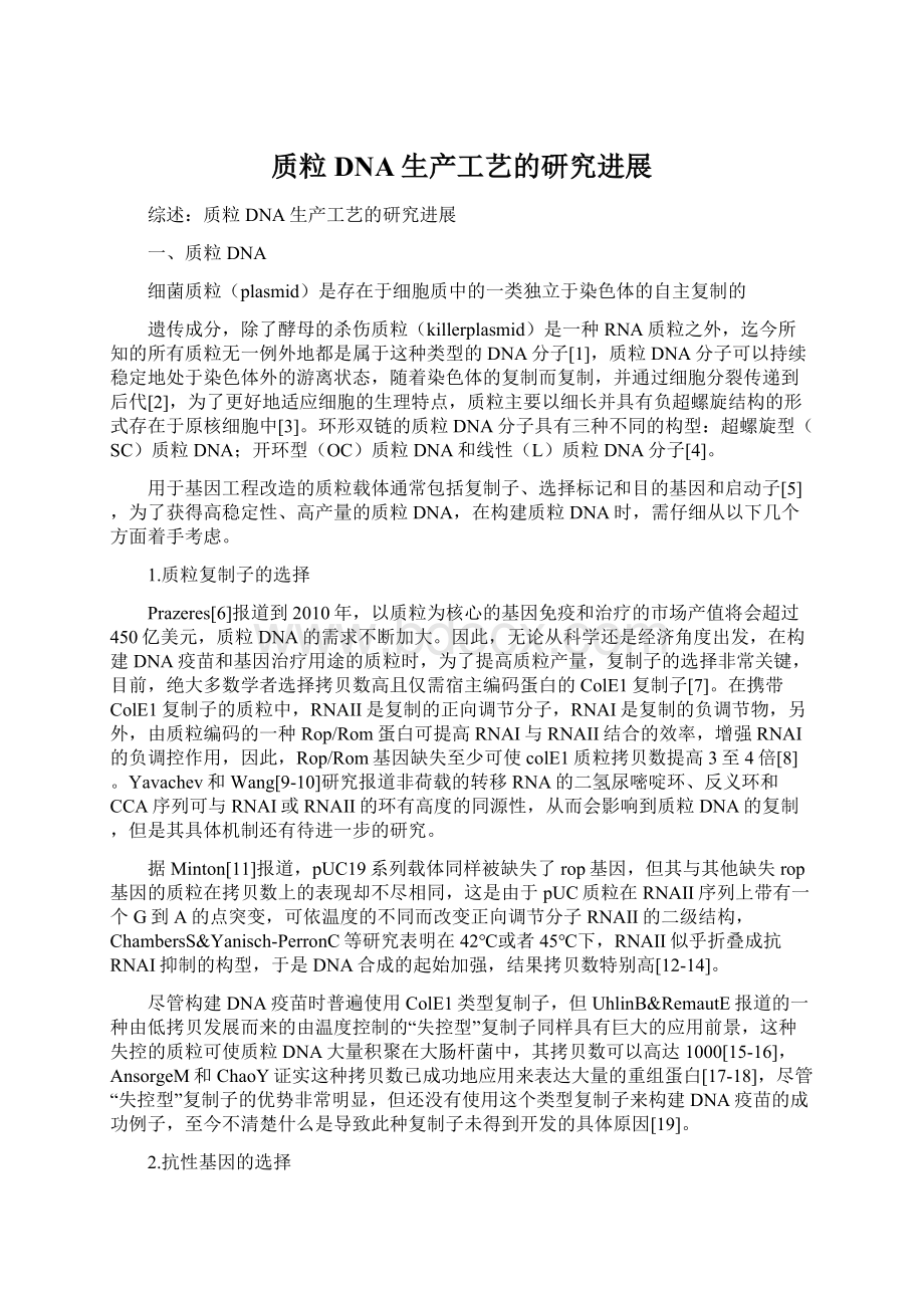 质粒DNA生产工艺的研究进展文档格式.docx