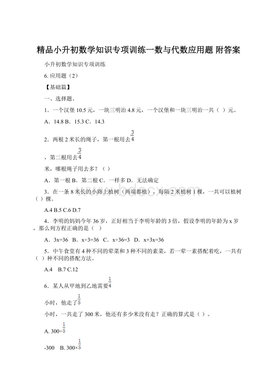 精品小升初数学知识专项训练一数与代数应用题 附答案.docx