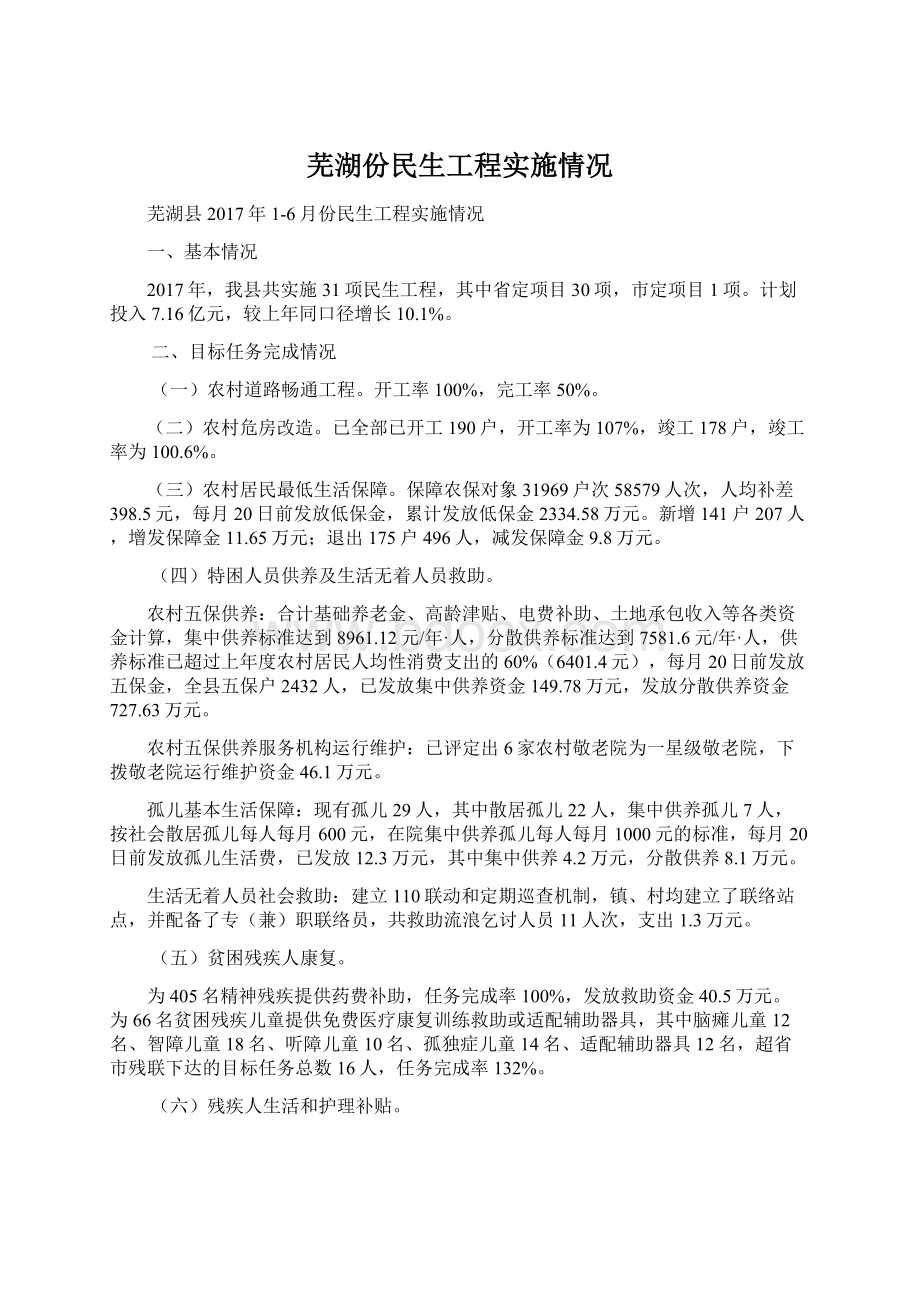 芜湖份民生工程实施情况Word文档格式.docx