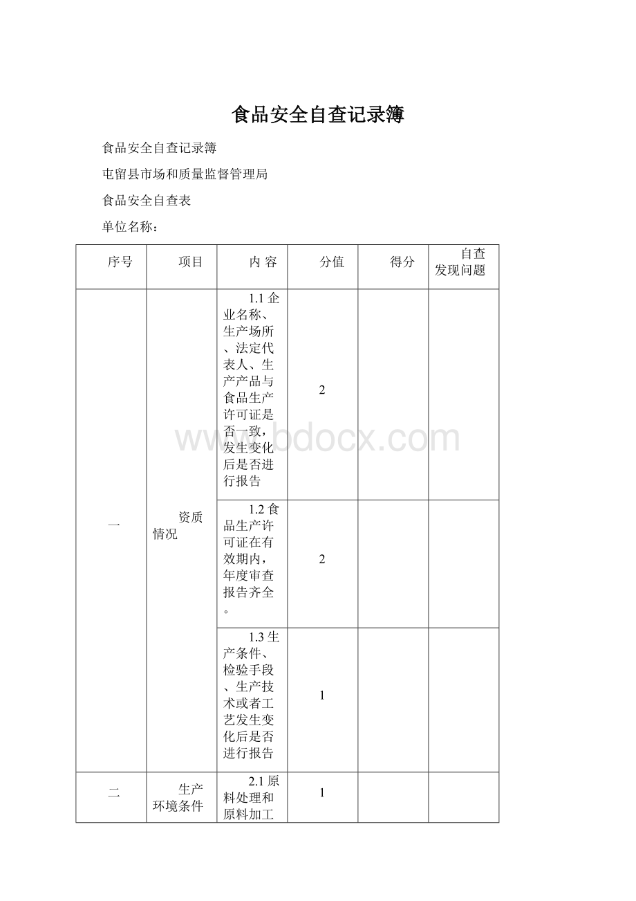 食品安全自查记录簿.docx