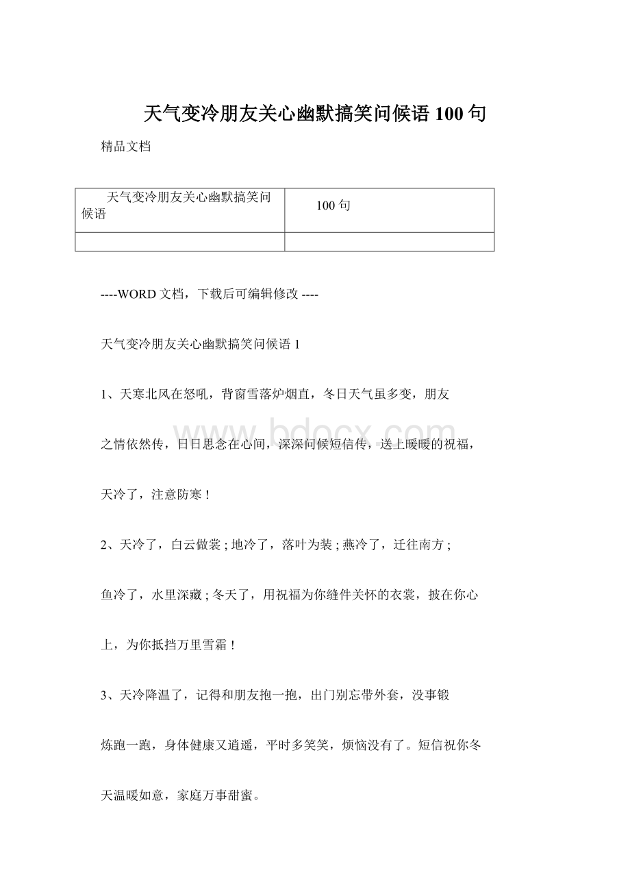 天气变冷朋友关心幽默搞笑问候语100句Word文档下载推荐.docx