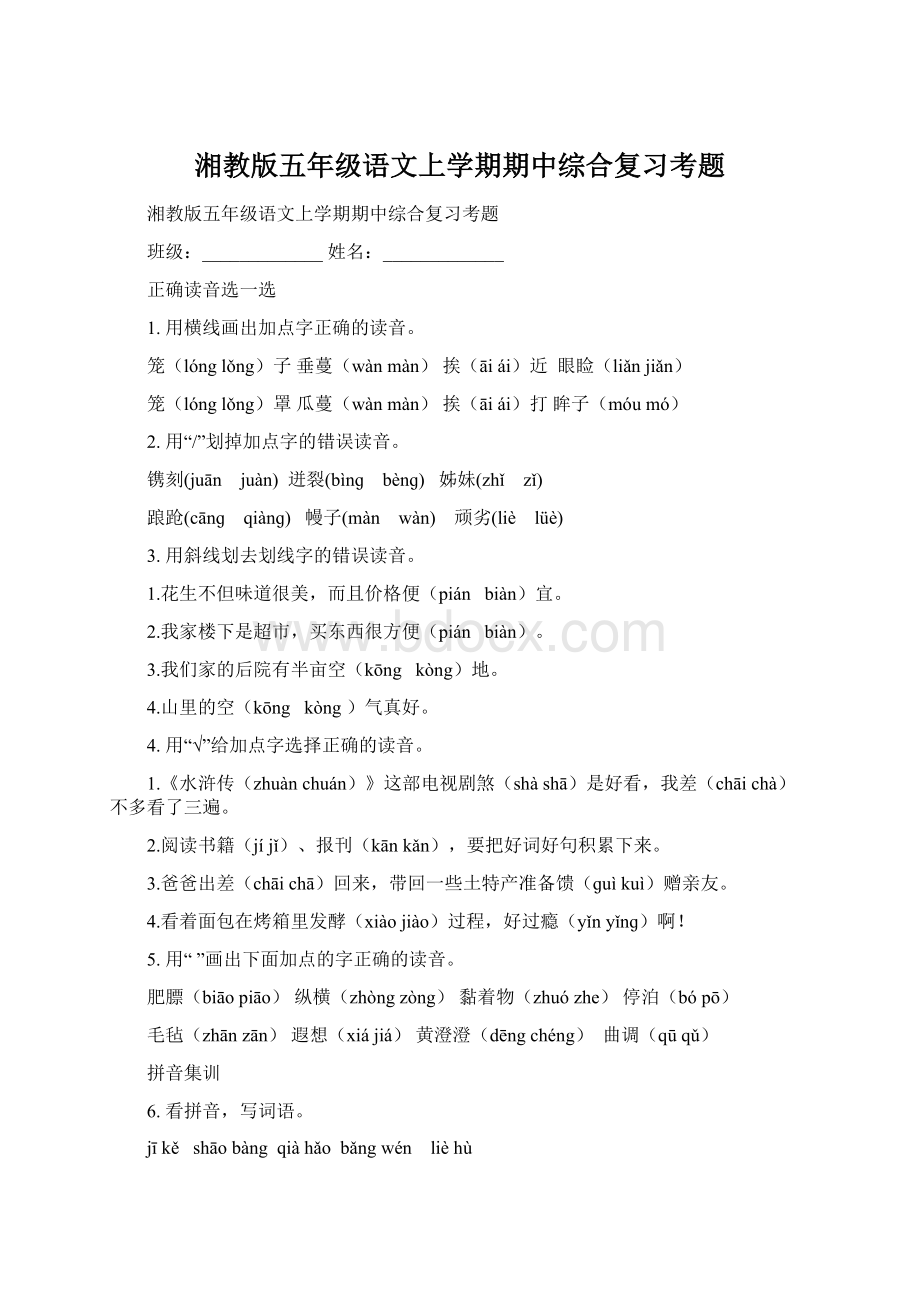 湘教版五年级语文上学期期中综合复习考题.docx