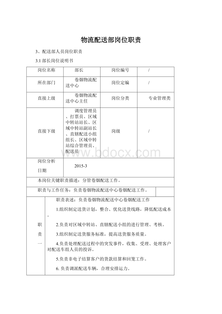 物流配送部岗位职责Word下载.docx