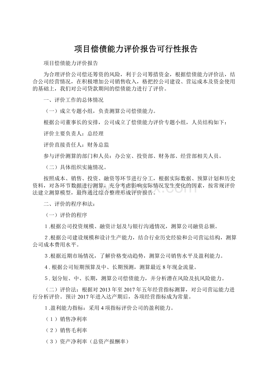 项目偿债能力评价报告可行性报告Word下载.docx