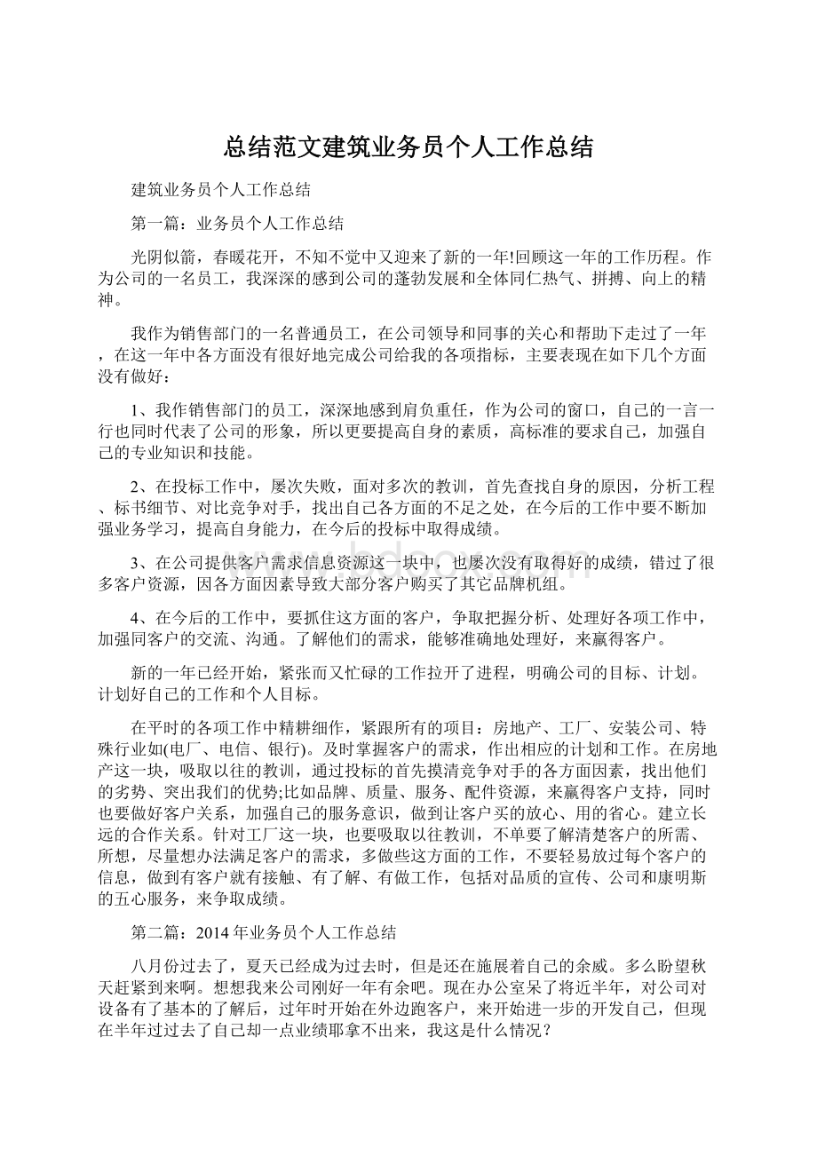 总结范文建筑业务员个人工作总结文档格式.docx