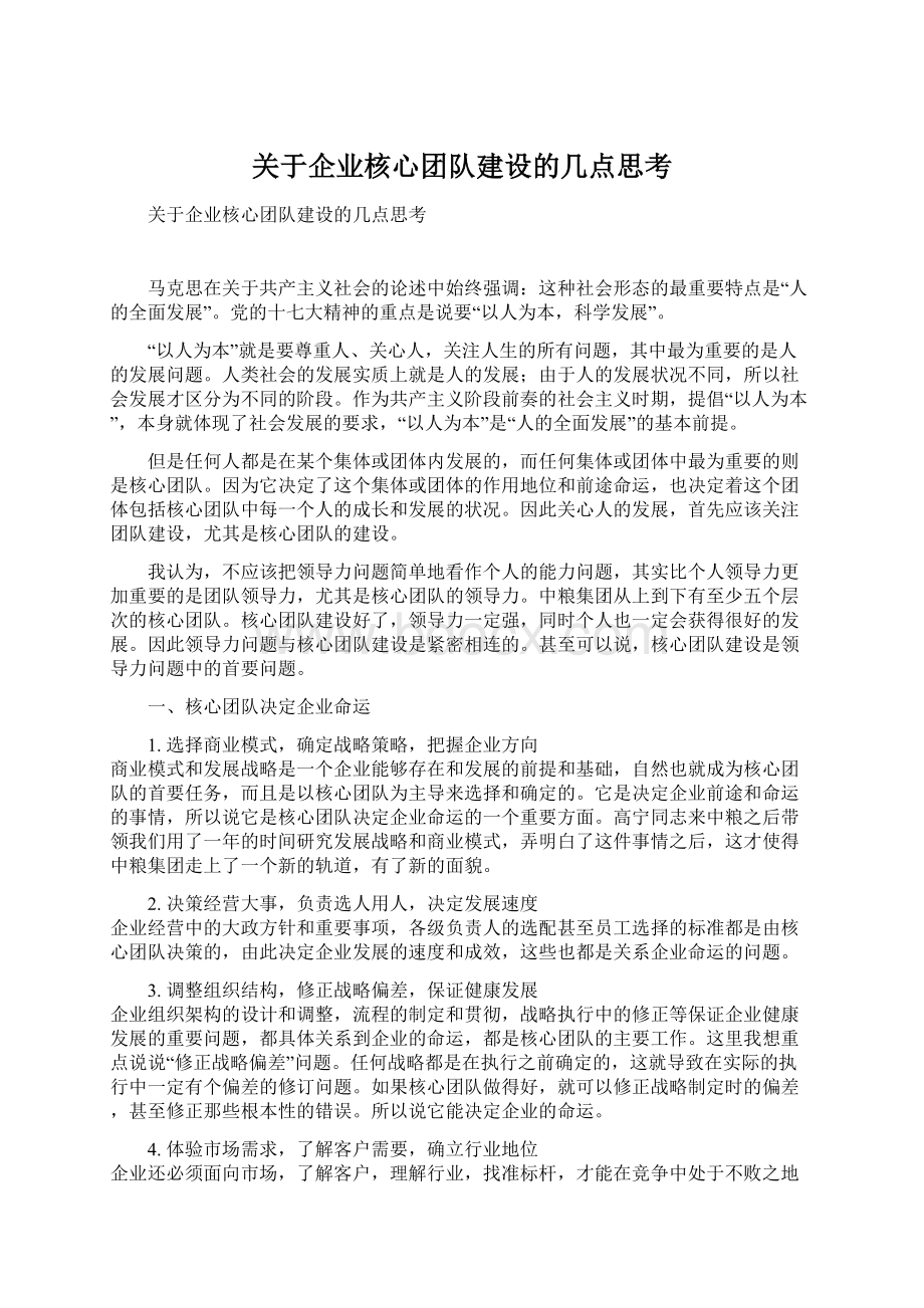 关于企业核心团队建设的几点思考Word格式.docx