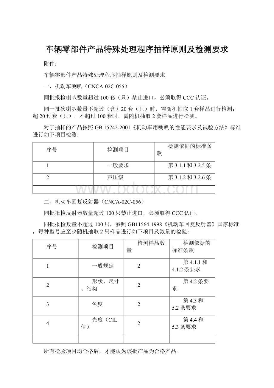 车辆零部件产品特殊处理程序抽样原则及检测要求Word文档格式.docx