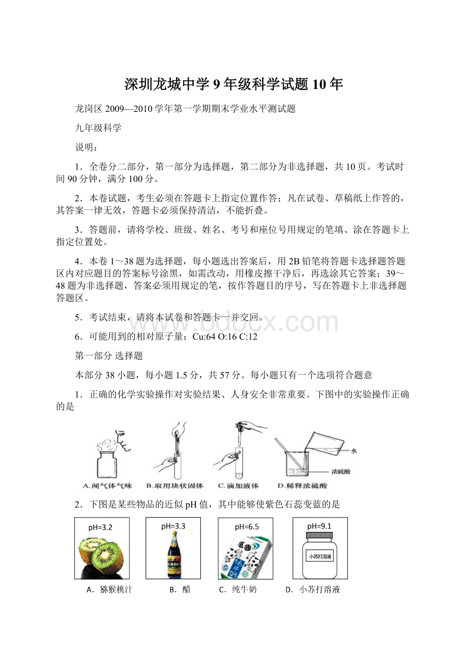 深圳龙城中学9年级科学试题10年Word格式.docx