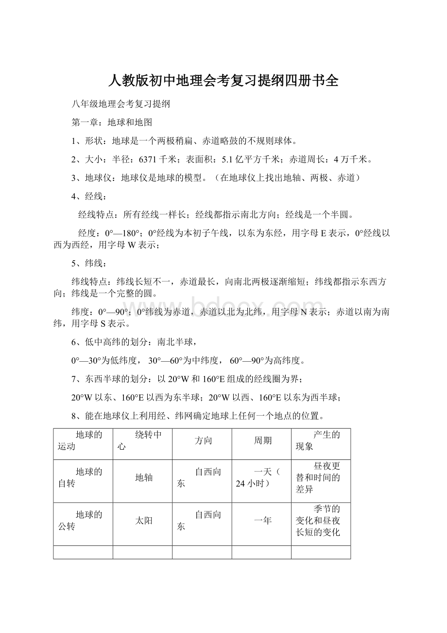 人教版初中地理会考复习提纲四册书全Word文档下载推荐.docx